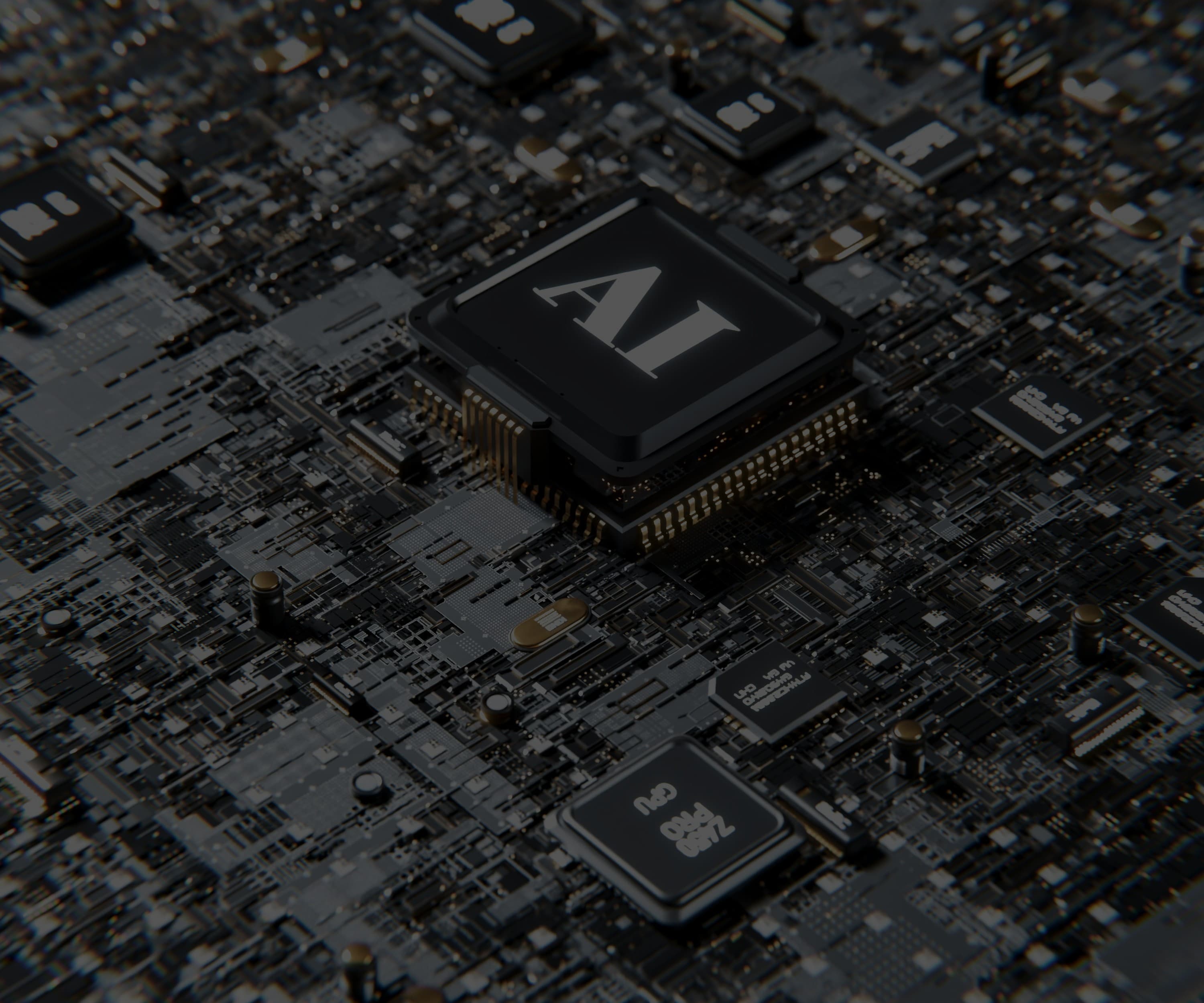 AI processor chip on a dark circuit board — artificial intelligence hardware